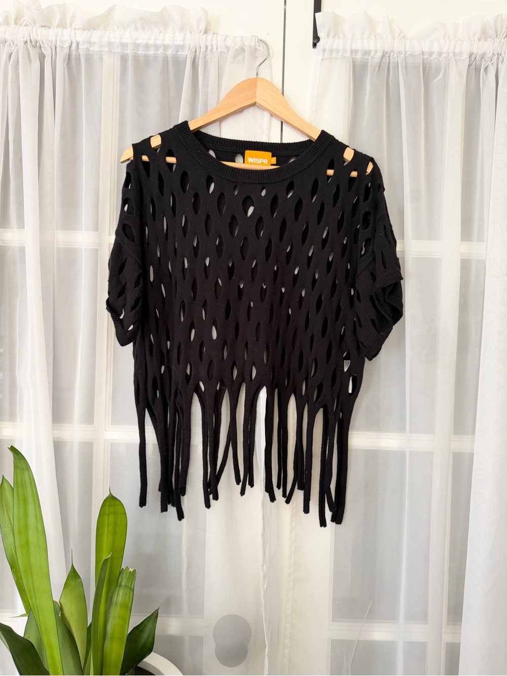 Wispr Open Knit Fringe Hem Crochet Cotton Blend Sweater Top Size Small